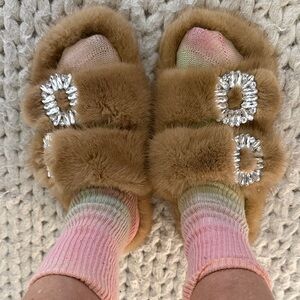 Faux Fur Slippers with Rhinestone Buckles
Never worn